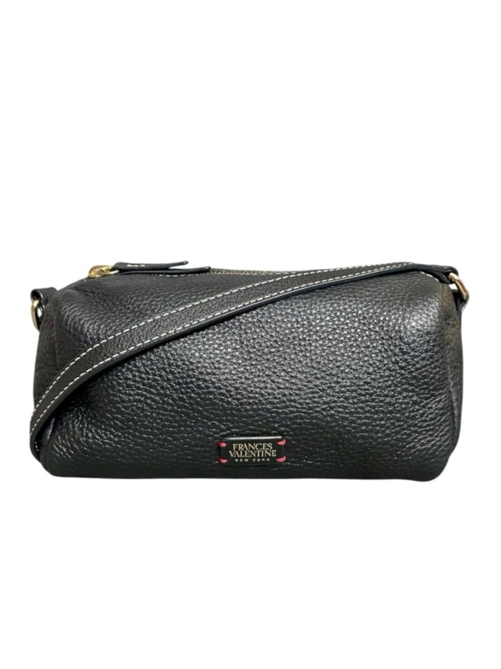 Frances Valentine Black Pebbled Leather Barrel Crossbody Bag w Monogram Interior
